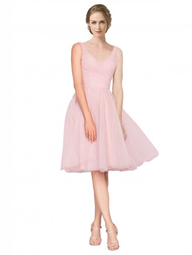 Short Knee Length Wide Strap Plunge Cross Over Neckline Tulle Cocktail Bridesmaid Dress