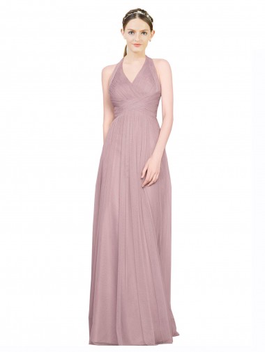 Ruffled Halter V-Neck Long Tulle Bridesmaid Dress with Pleats