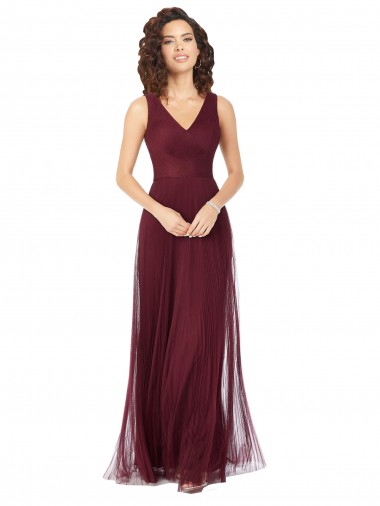 Long A-Line V-Neck Tulle Bridesmaid Dress