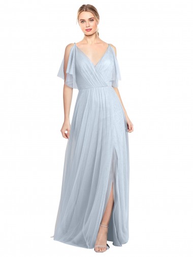 Floor Length Flutter Sleeves Long Tulle Bridesmaid Dress with Side Slit