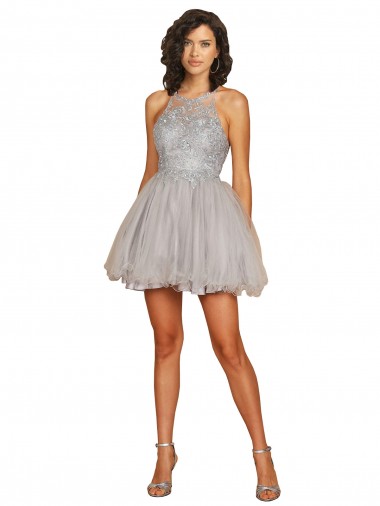 Halter Neckline Criss Cross Back Short Cocktail Dress with Beaded Lace Bodice