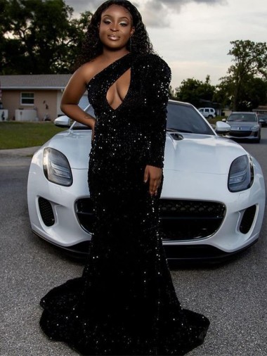 One Shoulder Long Sleeves Long Sweep Train Velvet Sequin Prom Dress