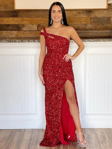 One Shoulder Sleeveless Long Sweep Train Velvet Sequin Prom Dress