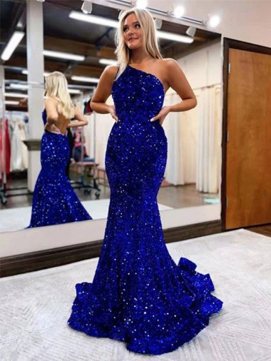 Mermaid One Shoulder Open Back Long Sweep Train Velvet Sequin Prom Dress