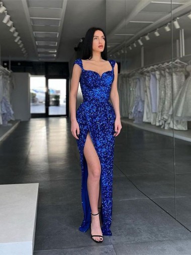 Sleeveless Long Sweep Train Velvet Sequin Prom Dress with High Slit and Straps