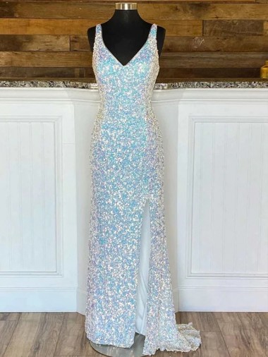 V-Neck Sleeveless Long Sweep Train Velvet Sequin Prom Dress