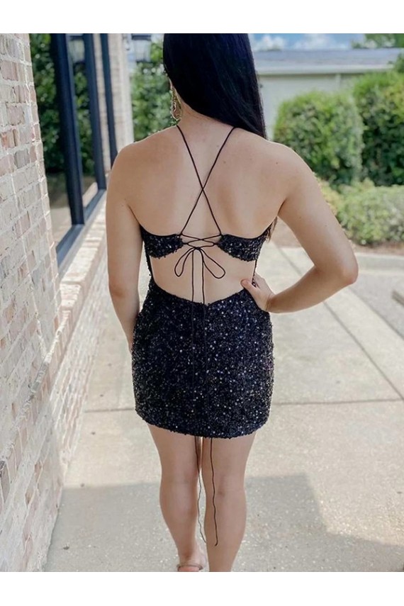 Halter Sleeveless Short Velvet Sequin Prom Dress