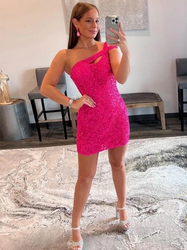 Velvet Sequin One Shoulder Sleeveless Short Prom Dress