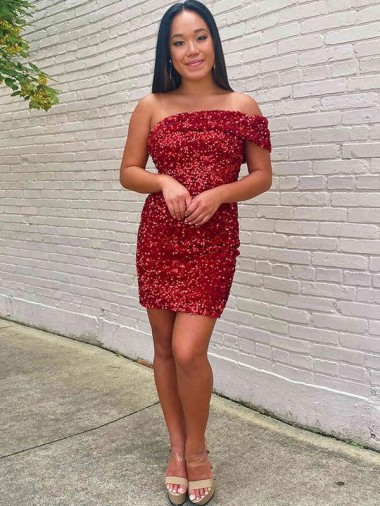 Short One Shoulder Sleeveless Velvet Sequin Cocktail Prom Dress