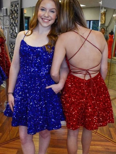 A-Line Spaghetti Straps Sleeveless Short Velvet Sequin Prom Dress
