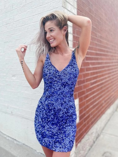 Short Velvet Sequin V-Neck Sleeveless Prom Dress