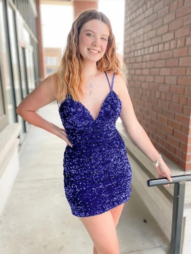 Sleeveless Short Velvet Sequin V-Neck Prom Dress