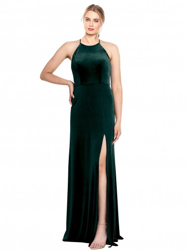 Long Jewel Neck Full Length Velvet Bridesmaid Dress / Prom Dress with Side Slit