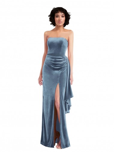 Strapless Formal Velvet Maxi Bridesmaid Dress / Prom Dress with Draped Skirt