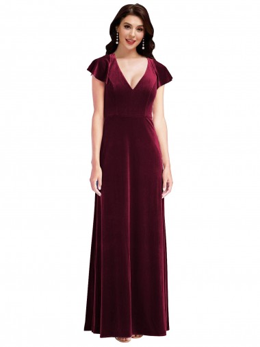 Flutter Sleeve Velvet Maxi Bridesmaid Dress / Prom Dress with Pockets