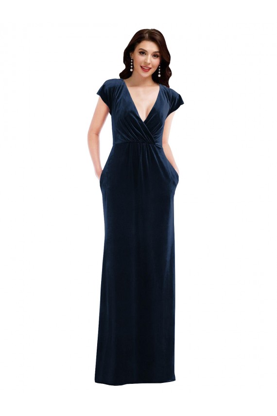Flutter Sleeve Wrap Bodice Formal Velvet Maxi Bridesmaid Dress / Prom Dress with Pockets