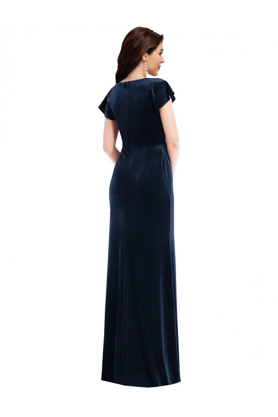 Flutter Sleeve Wrap Bodice Formal Velvet Maxi Bridesmaid Dress / Prom Dress with Pockets