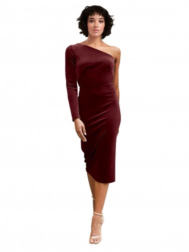 One Shoulder Fitted Short Midi Length Velvet Bridesmaid Dress / Prom Dress