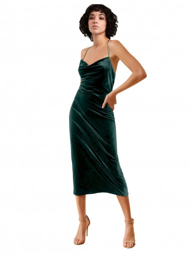 Midi Cocktail Length Sleek Cowl Neckline Short Formal Velvet Bridesmaid Dress / Prom Dress